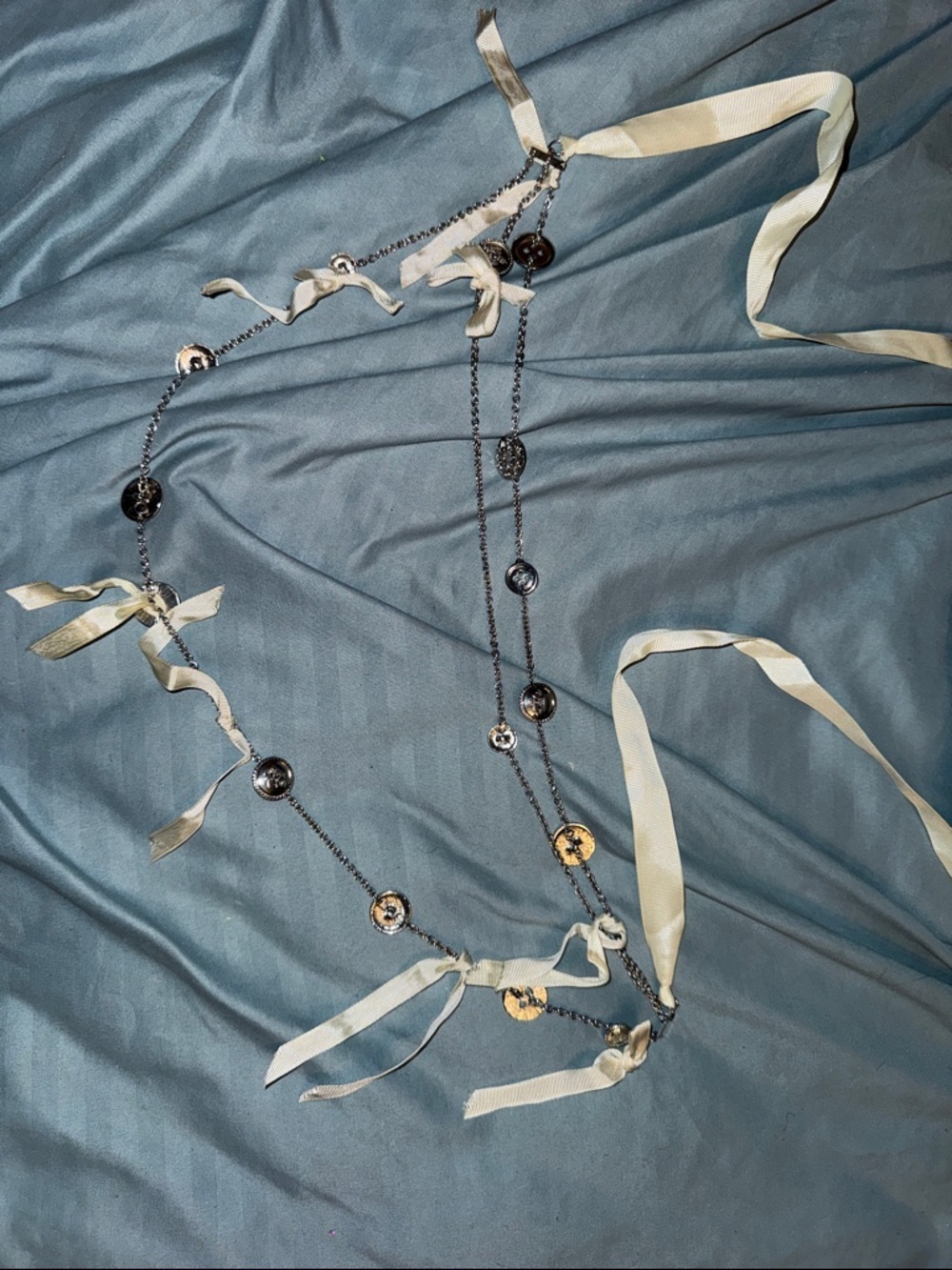 Silver Ribbon layered Necklace - Ivory Ribbon juicy couture buttons 2000s Y2K